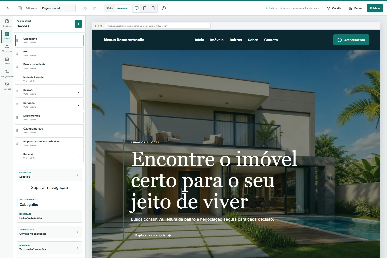 Editor visual de sites da ImobiNexus com o modelo Vista