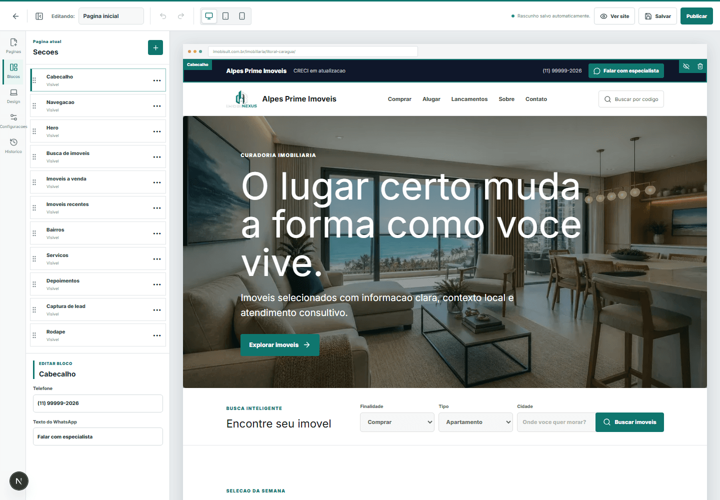 Editor visual de sites da ImobiNexus